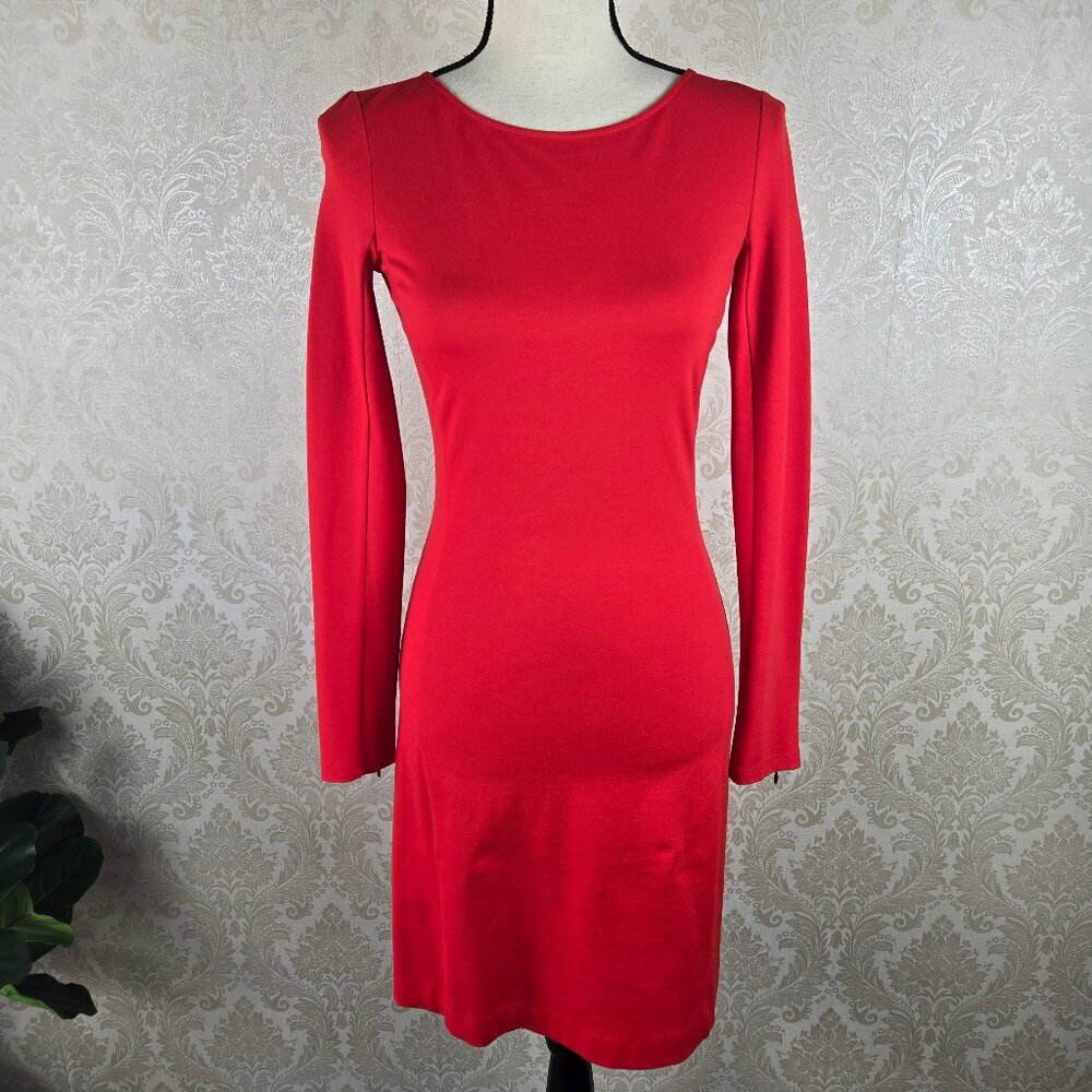Theory Size Small Red Sheath Dress Long Sleeve w/ Gold Zipper Detail Round Neck